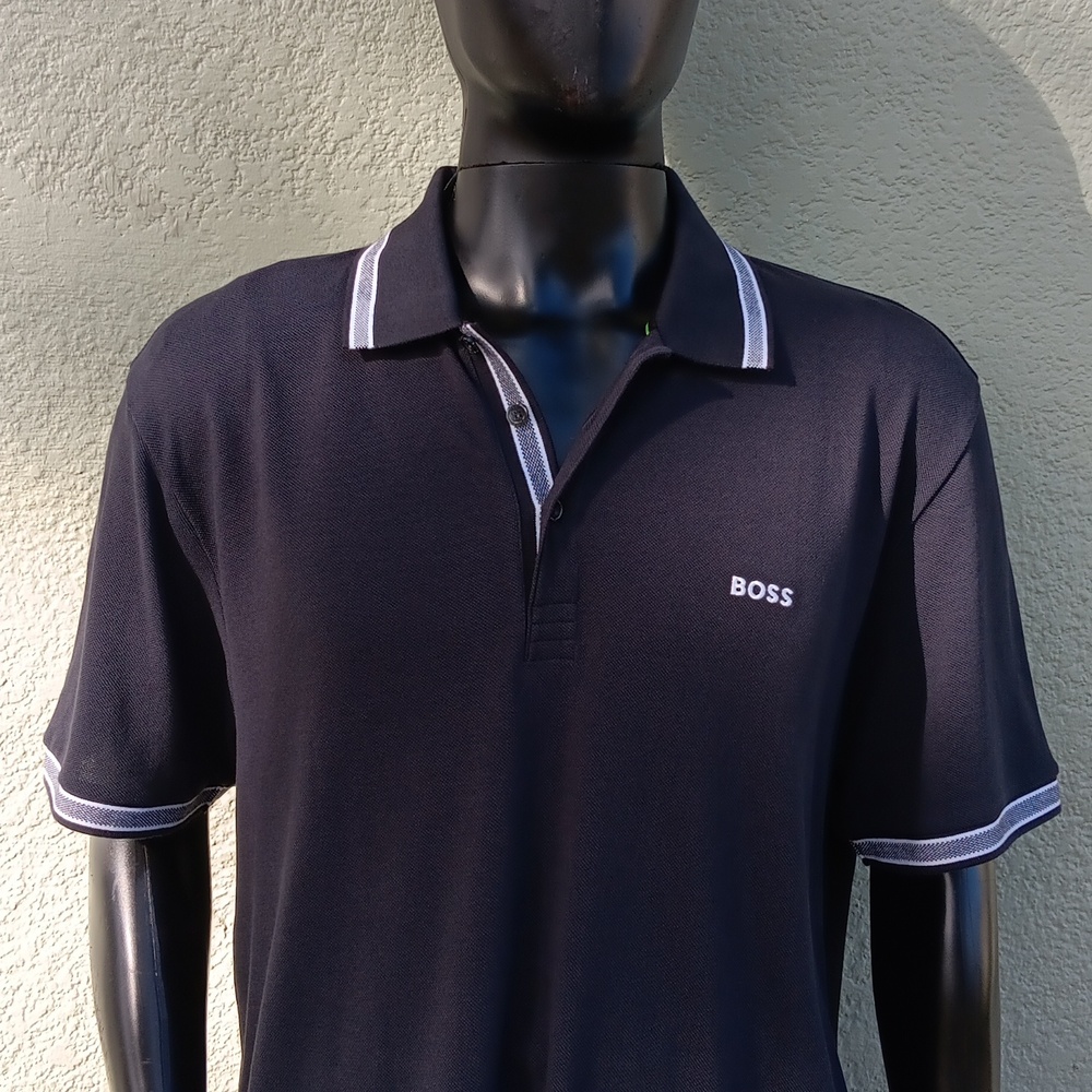 BOSS, HUGO BOSS (PERU) MEN'S LUXURY BLACK POLO W/CONTRASTING COLLAR/SLEEVES